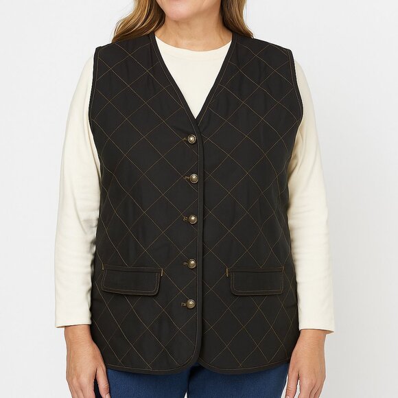 Vtg Hunt Club Silk Quilted Vest Womens Large Black Equestrian Barn Chore Preppy - Picture 2 of 15